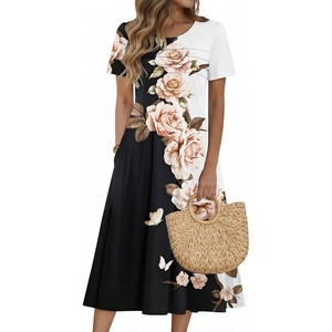 Zeagoo Womens Casual Dresses for Summer Short Sleeve Flare Midi Dress Beach(Black White)