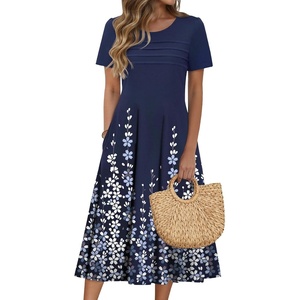 Zeagoo Womens Casual Dresses for Summer Short Sleeve Flare Midi Dress Beach(Blue Floral)