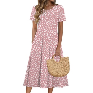 Zeagoo Womens Casual Dresses for Summer Short Sleeve Flare Midi Dress Beach(Pink Polka Dots)