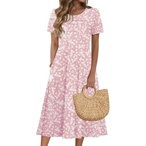 Zeagoo Womens Casual Dresses for Summer Short Sleeve Flare Midi Dress Beach(Pink Xh530)