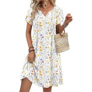 Zeagoo Women’s Casual Dresses with Pockets Summer Floral V-Neck A-Line Tshirt Dress Short Sleeve Mini Dress Beach Sundress(A01-white Floral)