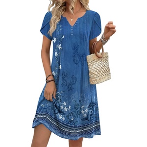 Zeagoo Women’s Casual Dresses with Pockets Summer Floral V-Neck A-Line Tshirt Dress Short Sleeve Mini Dress Beach Sundress(A02-blue Floral)