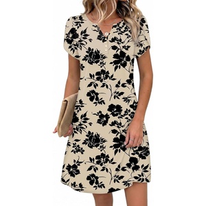 Zeagoo Women’s Casual Dresses with Pockets Summer Floral V-Neck A-Line Tshirt Dress Short Sleeve Mini Dress Beach Sundress(Beige-floral)