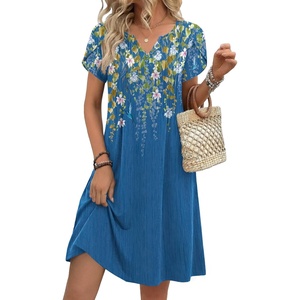 Zeagoo Women’s Casual Dresses with Pockets Summer Floral V-Neck A-Line Tshirt Dress Short Sleeve Mini Dress Beach Sundress(Blue Bloom)