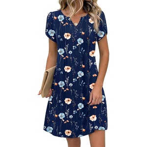 Zeagoo Women’s Casual Dresses with Pockets Summer Floral V-Neck A-Line Tshirt Dress Short Sleeve Mini Dress Beach Sundress(Navy Blue Floral)