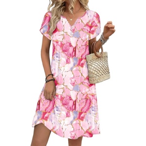 Zeagoo Women’s Casual Dresses with Pockets Summer Floral V-Neck A-Line Tshirt Dress Short Sleeve Mini Dress Beach Sundress(Pink Marble Printed)