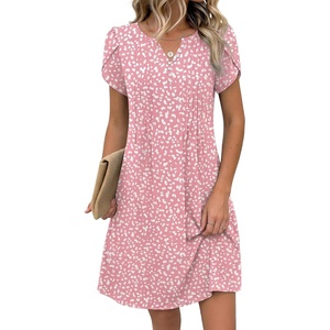 Zeagoo Women’s Casual Dresses with Pockets Summer Floral V-Neck A-Line Tshirt Dress Short Sleeve Mini Dress Beach Sundress(Pink-white)
