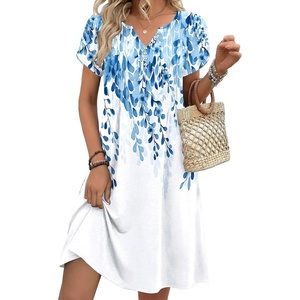 Zeagoo Women’s Casual Dresses with Pockets Summer Floral V-Neck A-Line Tshirt Dress Short Sleeve Mini Dress Beach Sundress(White-blue Flower)