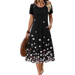 Zeagoo Womens Casual Summer Dress 2026 Petal Short Sleeve Dresses with Pleats Midi A Line Flowy Dress Boho Sundress(Black Floral)