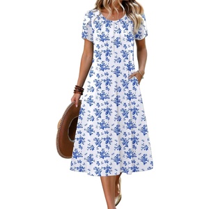 Zeagoo Womens Casual Summer Dress 2026 Petal Short Sleeve Dresses with Pleats Midi A Line Flowy Dress Boho Sundress(Blue Floral 01)