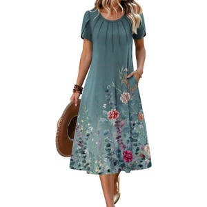Zeagoo Womens Casual Summer Dress 2026 Petal Short Sleeve Dresses with Pleats Midi A Line Flowy Dress Boho Sundress(Blue Green Floral)