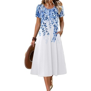 Zeagoo Womens Casual Summer Dress 2026 Petal Short Sleeve Dresses with Pleats Midi A Line Flowy Dress Boho Sundress(Blue+white Floral)