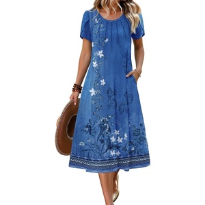 Zeagoo Womens Casual Summer Dress 2026 Petal Short Sleeve Dresses with Pleats Midi A Line Flowy Dress Boho Sundress(Boho Blue Floral)