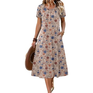 Zeagoo Womens Casual Summer Dress 2026 Petal Short Sleeve Dresses with Pleats Midi A Line Flowy Dress Boho Sundress(Brown Floral)