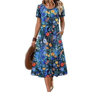 Zeagoo Womens Casual Summer Dress 2026 Petal Short Sleeve Dresses with Pleats Midi A Line Flowy Dress Boho Sundress(Colorful Print)