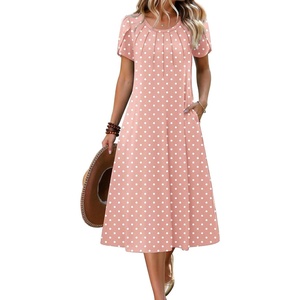 Zeagoo Womens Casual Summer Dress 2026 Petal Short Sleeve Dresses with Pleats Midi A Line Flowy Dress Boho Sundress(Pink Dot)