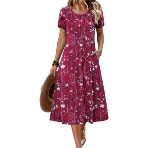 Zeagoo Womens Casual Summer Dress 2026 Petal Short Sleeve Dresses with Pleats Midi A Line Flowy Dress Boho Sundress(Purple Red Floral)