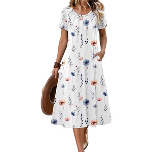 Zeagoo Womens Casual Summer Dress 2026 Petal Short Sleeve Dresses with Pleats Midi A Line Flowy Dress Boho Sundress(White Floral)