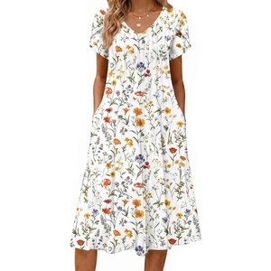 Zeagoo Womens Casual Summer Dress 2026 Short Sleeve Dresses Pleats Midi A Line Flowy Dress Boho Beach Sundress with Pockets(A01-white Floral)