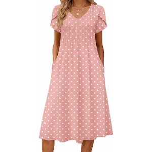 Zeagoo Womens Casual Summer Dress 2026 Short Sleeve Dresses Pleats Midi A Line Flowy Dress Boho Beach Sundress with Pockets(A02-pink Dot)