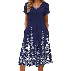 Zeagoo Womens Casual Summer Dress 2026 Short Sleeve Dresses Pleats Midi A Line Flowy Dress Boho Beach Sundress with Pockets(A03-flower Blue)