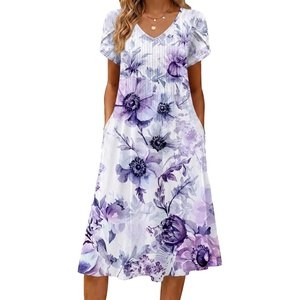Zeagoo Womens Casual Summer Dress 2026 Short Sleeve Dresses Pleats Midi A Line Flowy Dress Boho Beach Sundress with Pockets(A04-purple White)