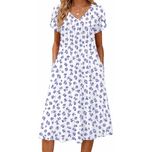 Zeagoo Womens Casual Summer Dress 2026 Short Sleeve Dresses Pleats Midi A Line Flowy Dress Boho Beach Sundress with Pockets(Blue Floral)