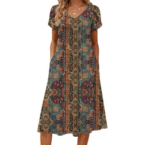 Zeagoo Womens Casual Summer Dress 2026 Short Sleeve Dresses Pleats Midi A Line Flowy Dress Boho Beach Sundress with Pockets(Ethnic Flowers)