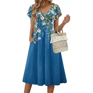 Zeagoo Womens Casual Summer Dress 2026 Short Sleeve Dresses Pleats Midi A Line Flowy Dress Boho Beach Sundress with Pockets(Floral Blue)