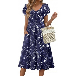 Zeagoo Womens Casual Summer Dress 2026 Short Sleeve Dresses Pleats Midi A Line Flowy Dress Boho Beach Sundress with Pockets(Floral Blue White)