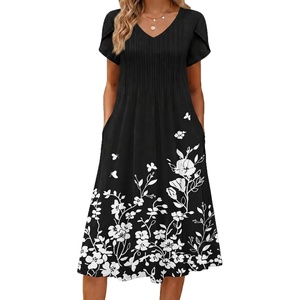 Zeagoo Womens Casual Summer Dress 2026 Short Sleeve Dresses Pleats Midi A Line Flowy Dress Boho Beach Sundress with Pockets(Flowers Black)