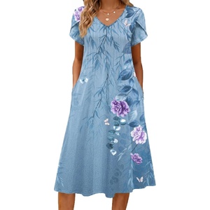 Zeagoo Womens Casual Summer Dress 2026 Short Sleeve Dresses Pleats Midi A Line Flowy Dress Boho Beach Sundress with Pockets(Flowers-blue)