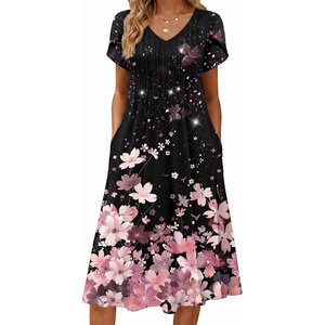 Zeagoo Womens Casual Summer Dress 2026 Short Sleeve Dresses Pleats Midi A Line Flowy Dress Boho Beach Sundress with Pockets(Pink Black)