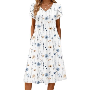 Zeagoo Womens Casual Summer Dress 2026 Short Sleeve Dresses Pleats Midi A Line Flowy Dress Boho Beach Sundress with Pockets(White Blue)