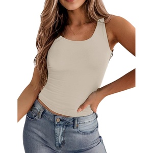 Zeagoo Women’s Double Lined Square Neck Tank Top Sleeveless Basic Crop Tops(Beige)