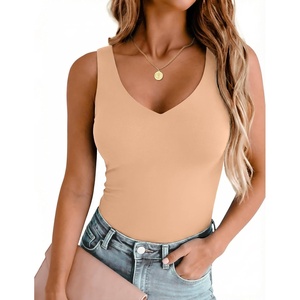 Zeagoo Womens Double Lined V Neck Tank Tops Summer Slim Fit Outfits(Tan)
