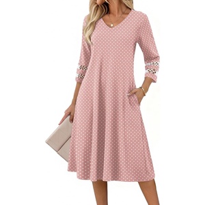 Zeagoo Women’s Dresses 3/4 Sleeve Casual V-Neck A Line Eyelet Midi Dress(02-jh1)