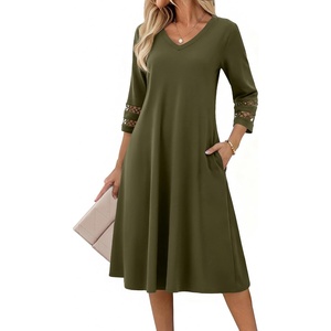 Zeagoo Women’s Dresses 3/4 Sleeve Casual V-Neck A Line Eyelet Midi Dress(Army Green)
