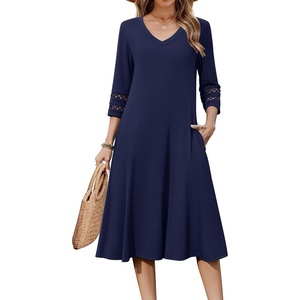 Zeagoo Women’s Dresses 3/4 Sleeve Casual V-Neck A Line Eyelet Midi Dress(Blue-1)