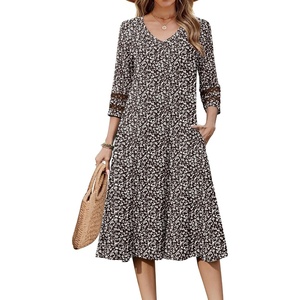 Zeagoo Women’s Dresses 3/4 Sleeve Casual V-Neck A Line Eyelet Midi Dress(Brown Floral)