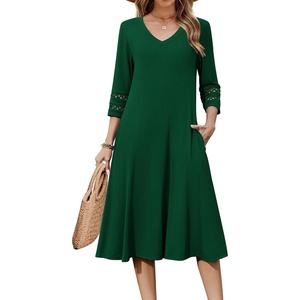 Zeagoo Women’s Dresses 3/4 Sleeve Casual V-Neck A Line Eyelet Midi Dress(Green)