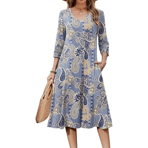 Zeagoo Women’s Dresses 3/4 Sleeve Casual V-Neck A Line Eyelet Midi Dress(Paisley)