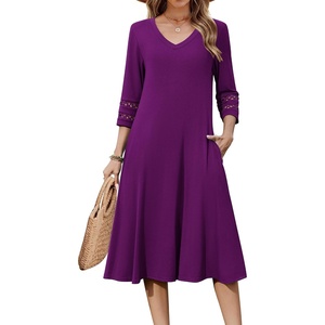 Zeagoo Women’s Dresses 3/4 Sleeve Casual V-Neck A Line Eyelet Midi Dress(Purple)