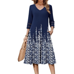 Zeagoo Women’s Dresses 3/4 Sleeve Casual V-Neck A Line Eyelet Midi Dress(Sf119)