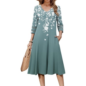Zeagoo Women’s Dresses 3/4 Sleeve Casual V-Neck A Line Eyelet Midi Dress(Sf234)