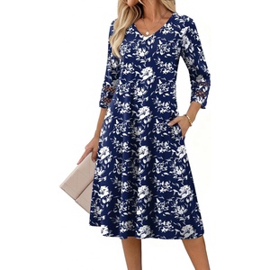 Zeagoo Women’s Dresses 3/4 Sleeve Casual V-Neck A Line Eyelet Midi Dress(Sf238)