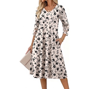 Zeagoo Women’s Dresses 3/4 Sleeve Casual V-Neck A Line Eyelet Midi Dress(Sf239)