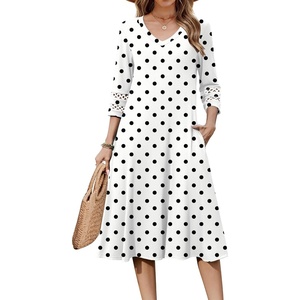 Zeagoo Women’s Dresses 3/4 Sleeve Casual V-Neck A Line Eyelet Midi Dress(White Polka Dot)