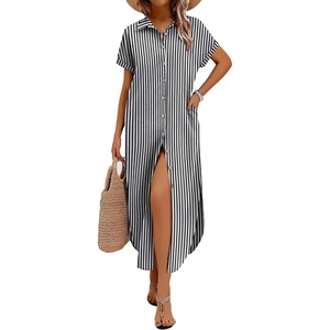Zeagoo Womens Dresses Casual Summer Short Sleeve Button Down Long Shirt Dresses Swimsuit Beach Cover Ups with Pockets(01-ablack Stripe)