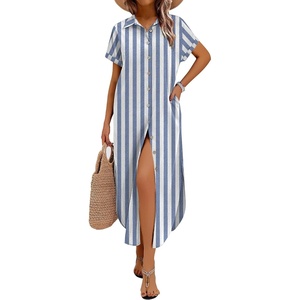 Zeagoo Womens Dresses Casual Summer Short Sleeve Button Down Long Shirt Dresses Swimsuit Beach Cover Ups with Pockets(Blue Wide Stripes)